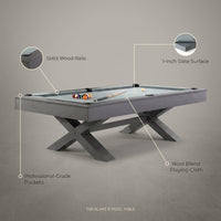 8 Foot Pool Table Built for Professional Play, 1-Inch Slate Surface, Wool Blend Fabric, Solid Wood Rails — infographic