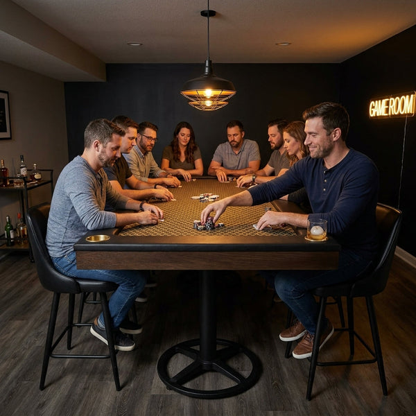 8 Station Poker Table Crafted for Game Rooms, Solid Oak Construction, Speed Cloth Surface, Mocha Finish