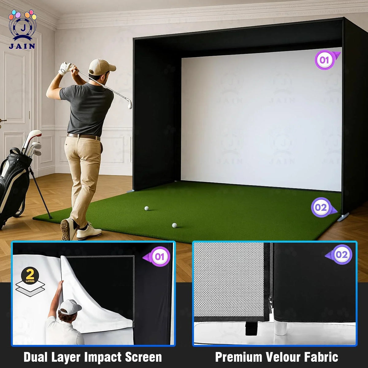 Golf Simulator Enclosure — Impact Screen, Aluminum Frame & Hitting Net