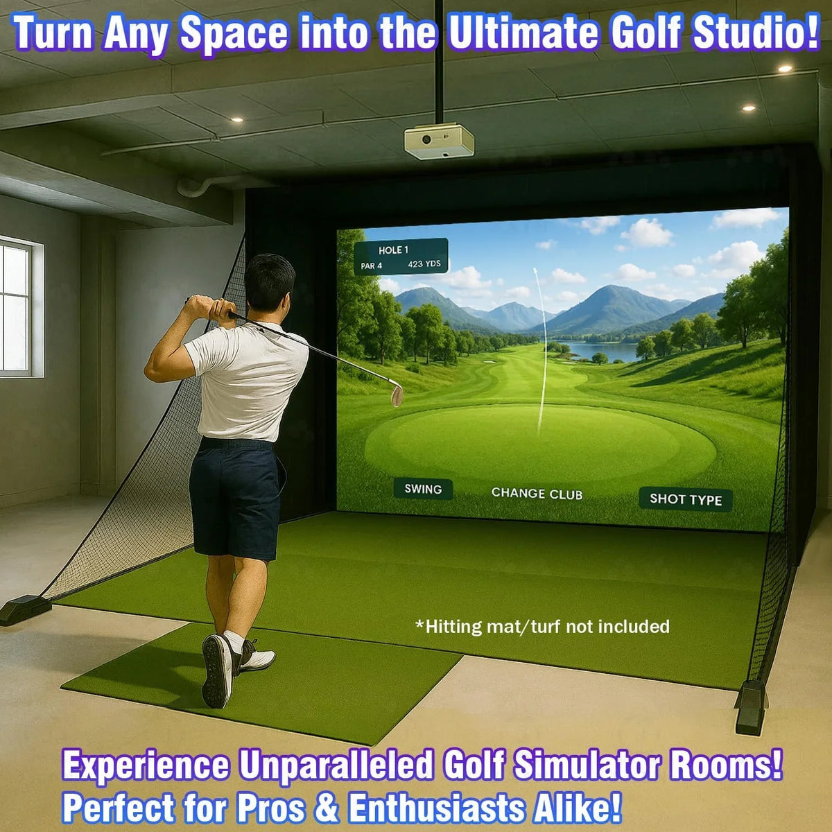 Golf Simulator Enclosure — Impact Screen, Aluminum Frame & Hitting Net